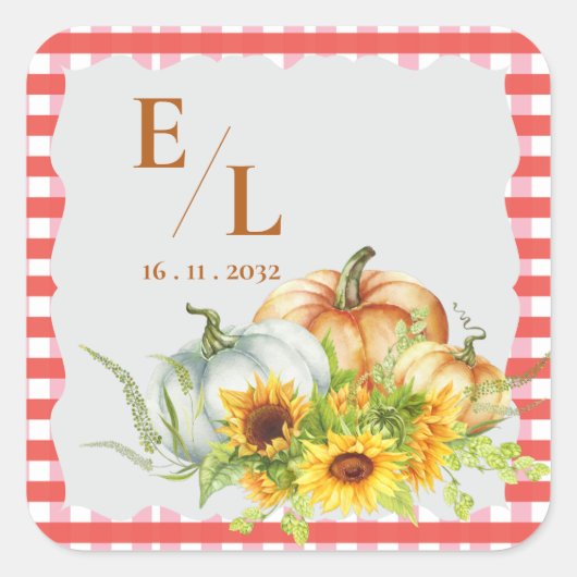 Pumpkins Rustic Fall Monogram Wedding Envelope Vierkante Sticker (Voorkant)