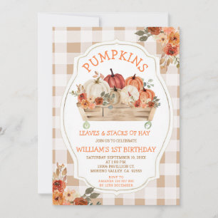 Pumpkins verlaat Hay Autumn Gingham 1st Birthday Kaart