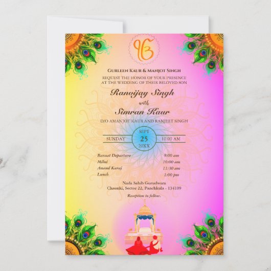 Punjabi Sikh Bruiloft Anand Karaj Peacock Feather Kaart (Voorkant)