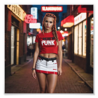 Punk Logo gevlochten meisje in gescheurde rode wit Foto Afdruk