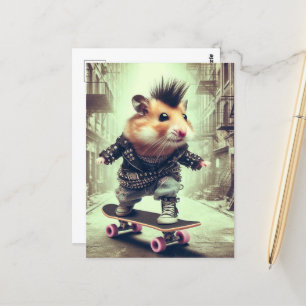 Punk Rock Skateboarden Hamster in Leather Jacket Briefkaart