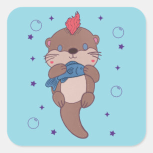 Punk Rock Zeeotter met Vis Grappige Dierenkunst Vierkante Sticker