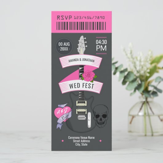 Punk Romance Rock ’n’ Roll Wedding Ticket Kaart (Staand voorkant)