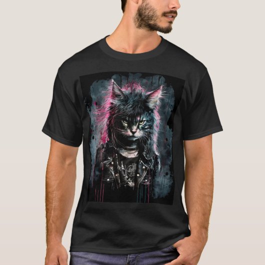 Punk rotskat met roze haar en lederen jas t-shirt (Voorkant)