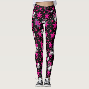 Punk Skulls en Snoep Patroon op roze sterren Leggings