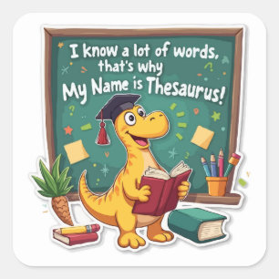 Punny Dinosaur Thesaurus 'Word Wizard' Vierkante Sticker