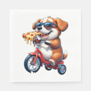 Pup op de fiets eet pizza servet