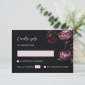 Puple Red 3D Flowers Black RSVP Kaartje (Staand voorkant)