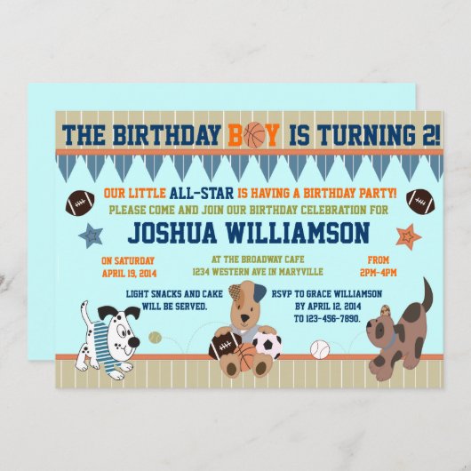 Puppies All-Star Boy Anniversaire Fête Invitation (Devant / Derrière)