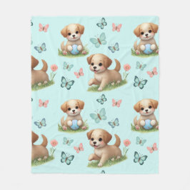 Puppies and Butterflies on Blue Fleece Deken