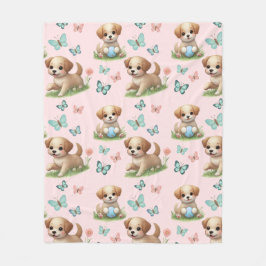 Puppies and Butterflies Pattern Blanket Fleece Deken