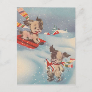 Puppies uit de jaren veertig die in de sneeuw spe Briefkaart