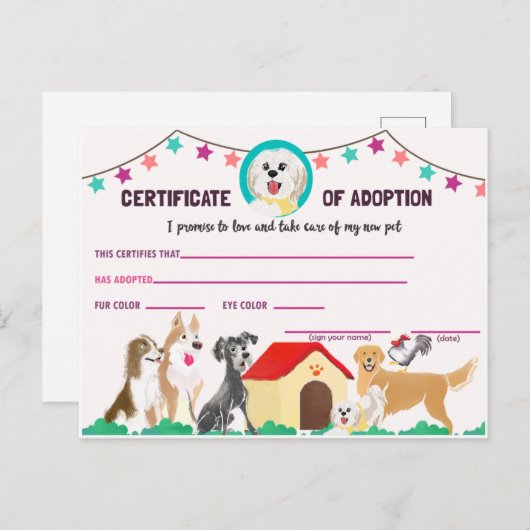 Puppy Adoption Certificate for a Pet Invitation Po (Devant / Derrière)