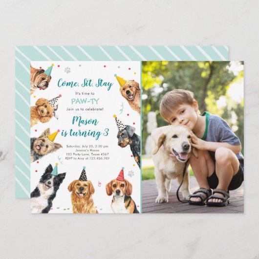 Puppy Birthday Invitation Chien Party Pawty Boy (Devant / Derrière)