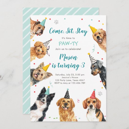 Puppy Birthday Invitation Dog Party Pawty Boy Kaart (Voorkant / Achterkant)