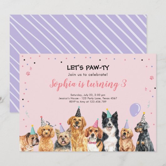 Puppy Birthday Invitation Dog Party Pawty Pink (Devant / Derrière)