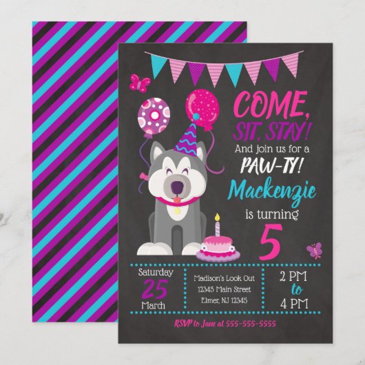Puppy Birthday Invitation Girl Paw-ty Husky (Devant / Derrière)