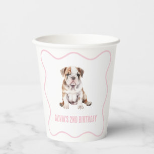 Puppy bulldog preppy roze ruitjestaart verjaardag papieren bekers