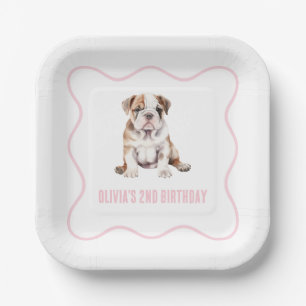 Puppy bulldog preppy roze ruitjestaart verjaardag papieren bordje