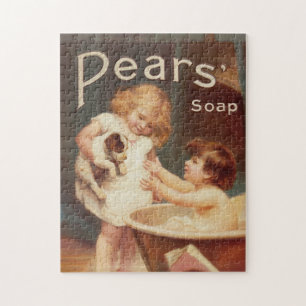 Puppy die een bad neemt vintage antiek legpuzzel