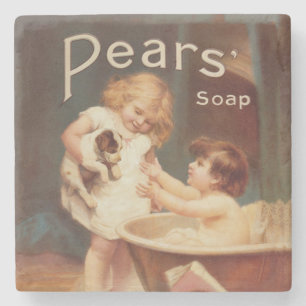 Puppy die een bad neemt vintage antiek stenen onderzetter