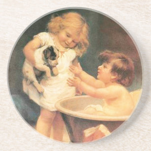Puppy die een bad neemt vintage antiek zandsteen onderzetter