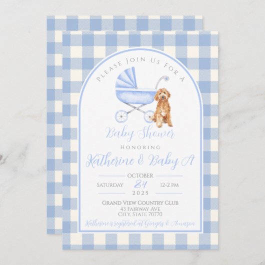 Puppy Dog Boy Baby shower Gingham Uitnodiging (Voorkant / Achterkant)