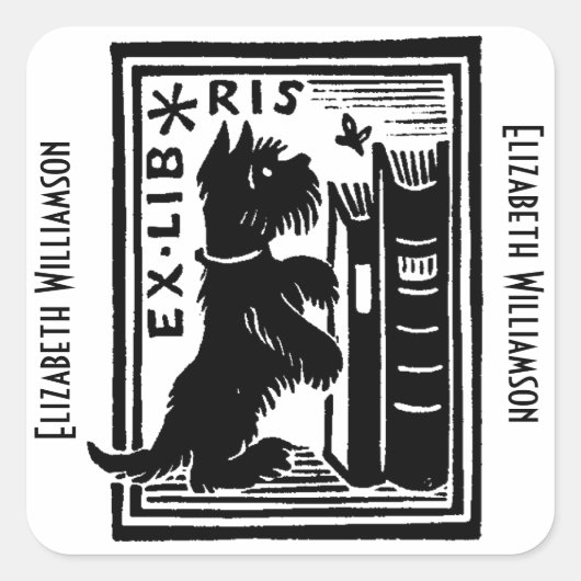  Puppy Dog Ex Libris Boekplaat Monogram Vierkante Sticker (Voorkant)