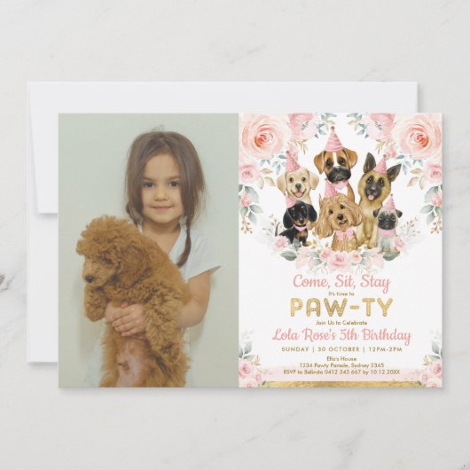 Puppy Dog Girl Birthday Party Blush Floral foto Kaart (Voorkant)