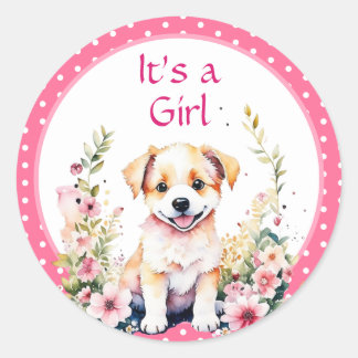 Puppy Dog In Flowers Meisje's Baby shower Het Een Ronde Sticker