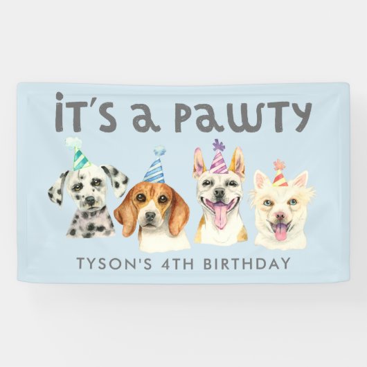 Puppy Dog Pawty Verjaardagsfeestje Waterverf Spandoek (Horizontaal)