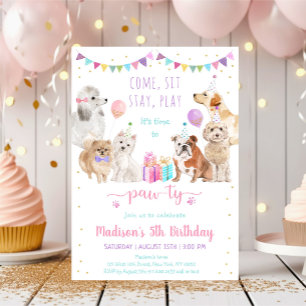 Puppy Dog Pink Girl Paw-ty Birthday Kaart
