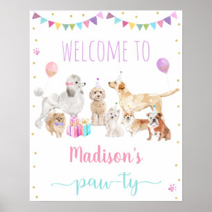 Puppy Dog Pink Girl Paw-ty Birthday Welkom Poster