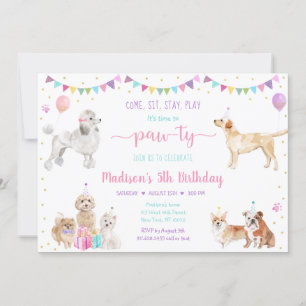 Puppy Dog Pink Gold Girl Birthday Uitnodiging