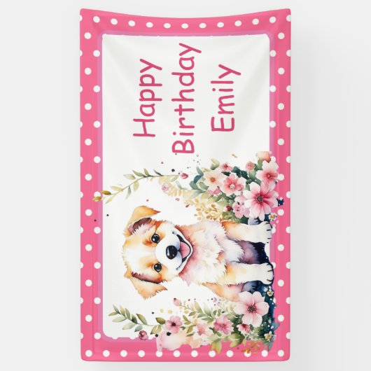 Puppy Dog Theme Gepersonaliseerde Verjaardag Spandoek (Verticaal)