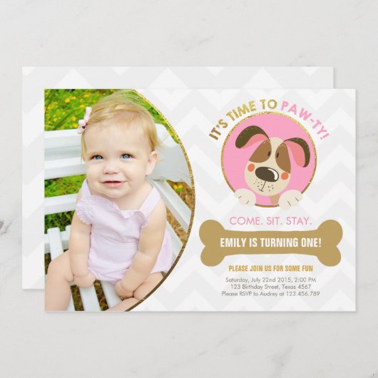 Puppy dog-uitnodiging roze en Gold Paw-ty Kaart (Voorkant / Achterkant)