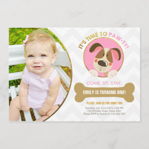 Puppy dog-uitnodiging roze en Gold Paw-ty Kaart