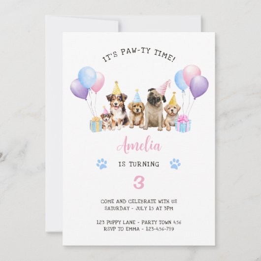 Puppy Dog Verjaardagsfeest Roze Waterverf Kaart (Voorkant)