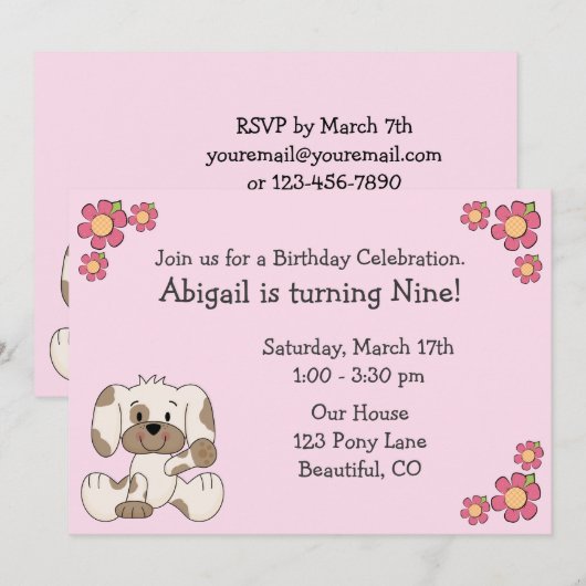 Puppy Dog verjaardagsuitnodigingen voor meisjes Kaart (Voorkant / Achterkant)