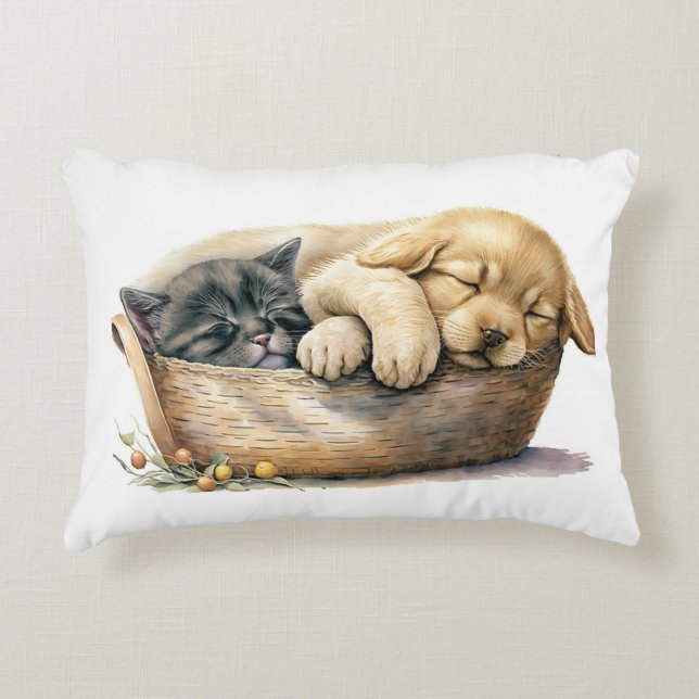 Puppy en kitten in mand accent kussen (Voorkant)
