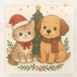 Puppy en kitten kerstsfeer glazen onderzetter