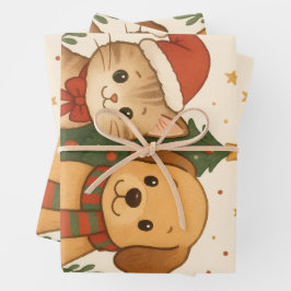 Puppy en kitten kerstsfeer inpakpapier vel
