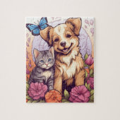 Puppy en kitten, vlinder en bloem spel puzzel legpuzzel (Verticaal)