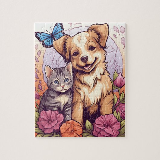 Puppy en kitten, vlinder en bloem spel puzzel legpuzzel (Verticaal)