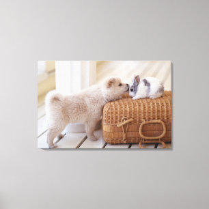 Puppy en konijn canvas afdruk