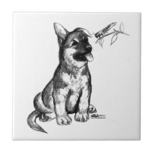 Puppy en sprinkhaan tegeltje