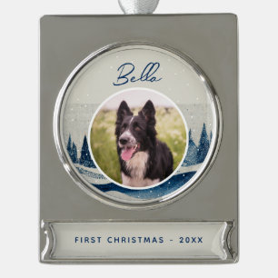 Puppy First KerstWinter Forest Dog Foto Verzilverd Banner Ornament