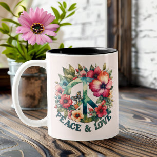 Puppy & Floral 70s Retro "Peace & Love" Vredesbord Tweekleurige Koffiemok