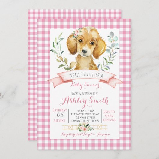 Puppy hond baby shower uitnodiging roze meisje (Voorkant / Achterkant)