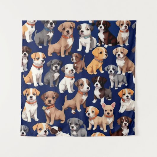 Puppy Hond Navy Blauw Patroon Ontwerp Wandkleed (Voorkant)